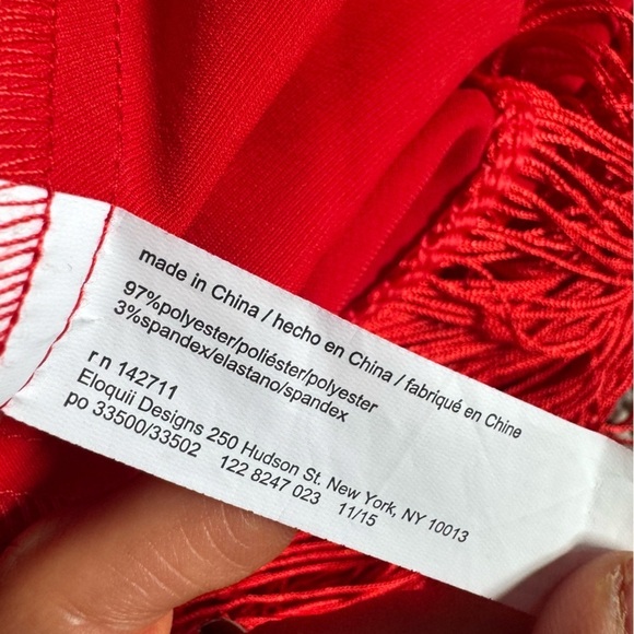 ELOQUII SEXXXY red satin fringe asymmetrical fringe midi slip dress 20 - Picture 5 of 9